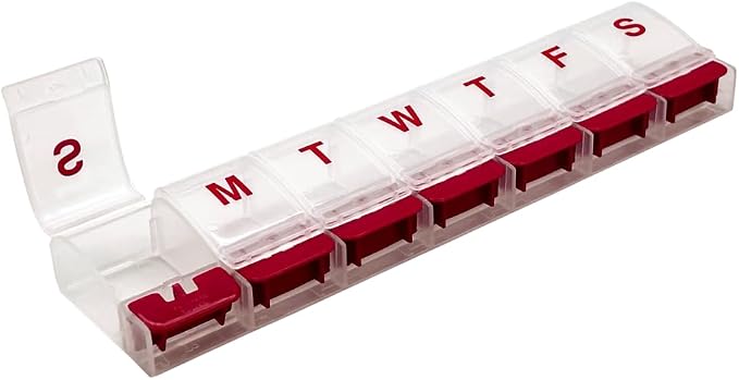 EZY DOSE Weekly (7-Day) AM/PM Daily Pill Organizer, Vitamin Case, and Medicine Container, X-Large Compartments, Arthritis Friendly, Convenient with Effortless Portability, Clear/Red Lids, BPA Free