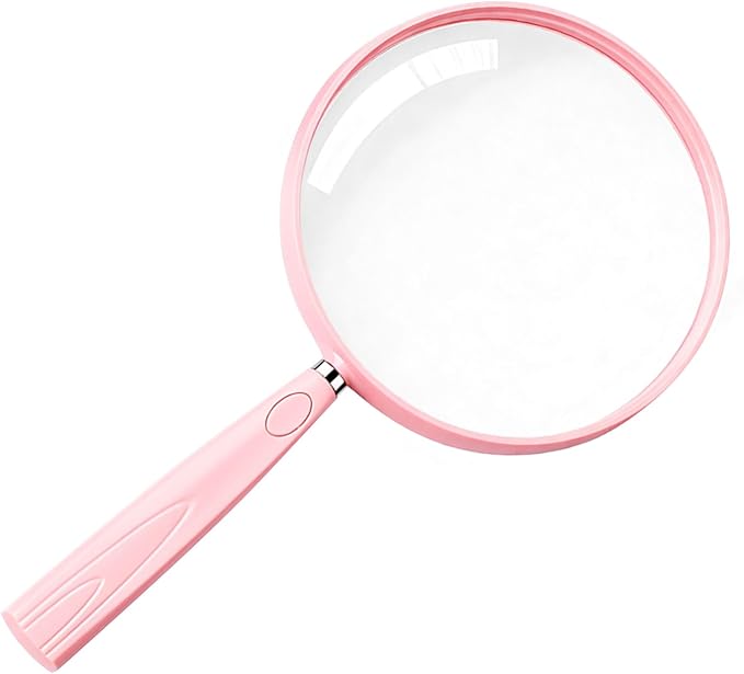 Feosky Handheld Reading Magnifier, 10X Magnifier, 130mm Shatterproof Lens, Non-Slip Handle for Adults Close Work, Seniors Reading and Nature Exploration, Hobby Observation(Pink)