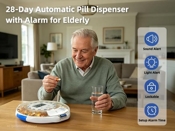 Bluetooth Automatic Pill Dispenser with Safety Lock for Seniors | App/Audio/Visual Alerts, Tracks Adherence History, Up to 9 Alarm/Day, 28-Day Medication Organizer for Dementia & Chronic Care