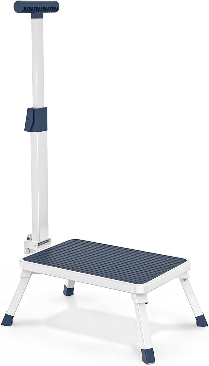 Folding Step Stool, Step Stools with Handle for Elderly Adults, Metal Stepping Stool with Adjustable Handrail in Kitchen, Bathroom, Bedroom, 330 Lbs Capacity