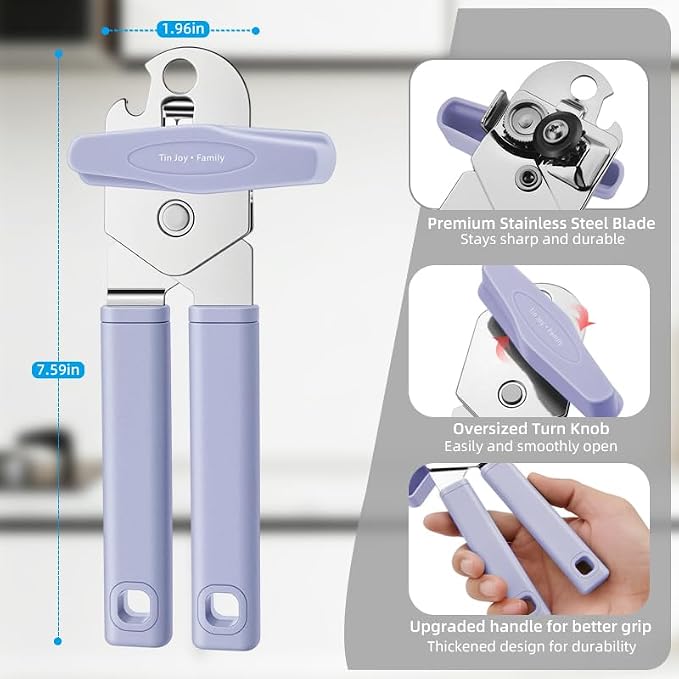 Can Opener Manual, Reinforced Blade, Effortless Knob, Non-Stick (Grape) | Reinforced blade, effortless knob, built-in bottle opener, non-stick hard rubber handle, smooth-edge safety cutter