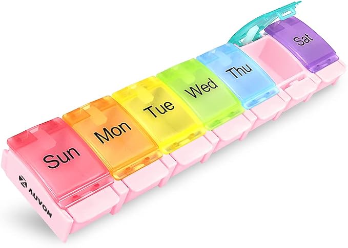 AUVON Weekly Pill Organizer Arthritis Friendly, BPA Free Travel 7 Day Pill Box Case with Spring Open Design and Large Compartment to Hold Vitamins, Cod Liver Oil, Supplements and Medication