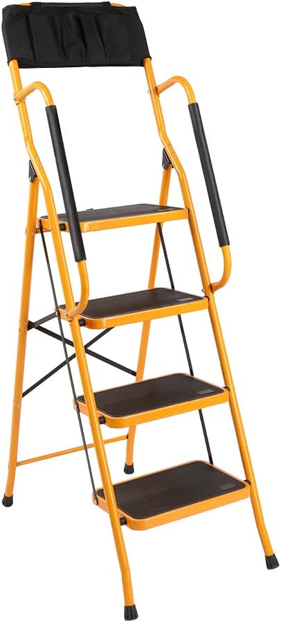 Winado 4 Step Ladder with Handrails & ToolBag, 330lbs Folding Step Stool, w/Non-Slip Side Armrests Large Pedal Area, Suitable for Home Office
