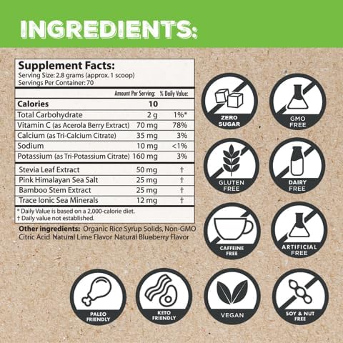 Superieur Electrolytes–Plant Based Electrolyte Supplement w/Sea Minerals for Hydration & Recovery–Keto Friendly, Non-GMO, Zero Sugar, Vegan, Healthy Sports Drink Powder–Lime Blueberry (70 Servings)