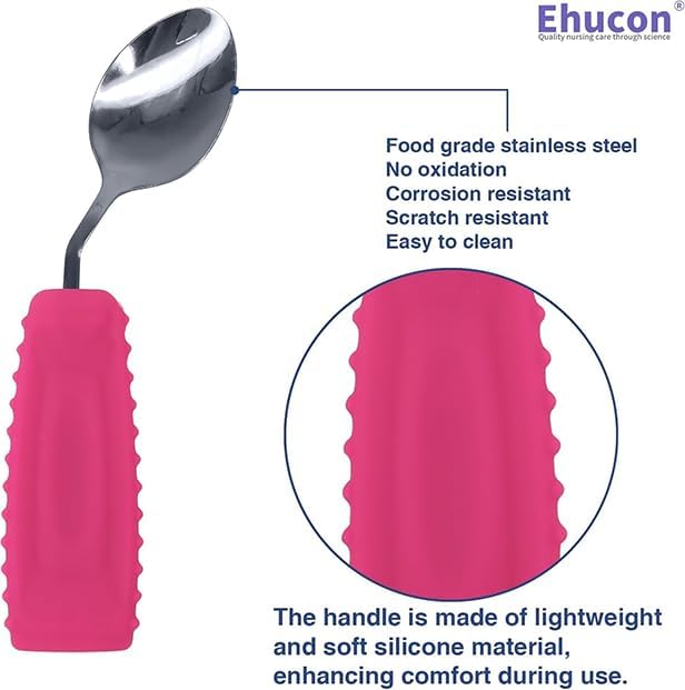 Adaptive Utensils Angled Spoon and Fork for Hand Tremors Parkinsons,Weighted Utensils with Non-Slip Easy Grip Handles for Independent Eating (1pcs Spoon+1pcs Fork=2 pcs,Pink,Left Hand)