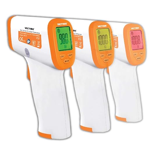 Victor T9000 Non-Contact Digital Infrared Forehead and Wrist Thermometer, for Adults and Kids, Quick 1 Second Readings, 3-Color Temperature Warning Display, White/Orange