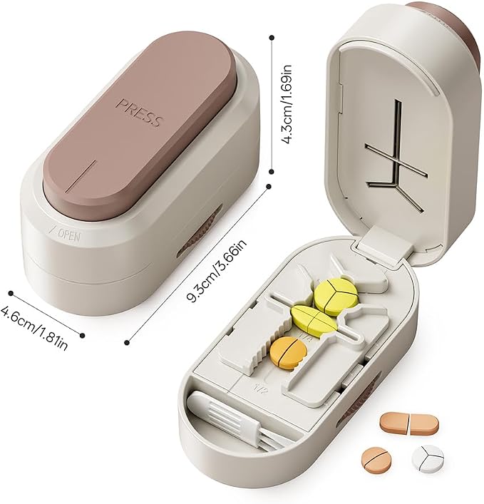 Pill Cutter Splitter for Small and Tiny Large Pills,Adjustable Pill Splitter Push-Button Cuts into 1/2, 1/3, 1/4，Comes with a Small Brush and a Medicine Storage Box (White, Press-Cut)