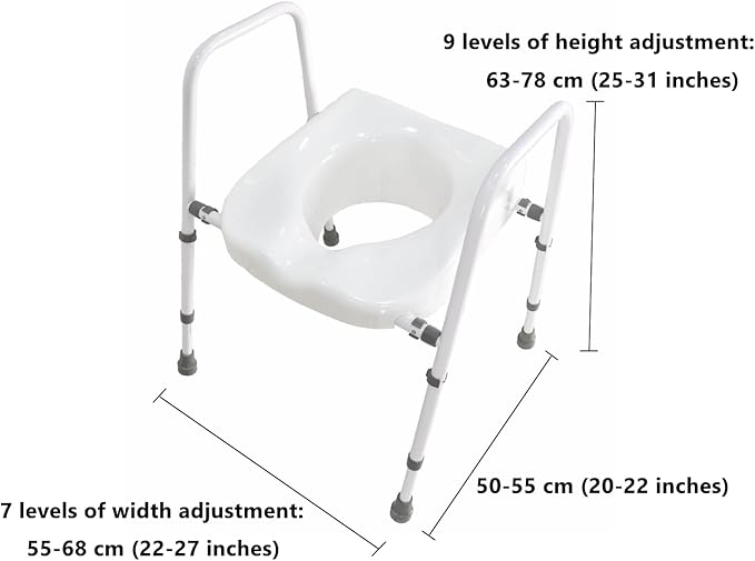 Raised Toilet Seat, Adjustable Height and Width Elevated Toilet Seat with Handles, Commode Chair for Toilet, Extra-Wide Seat, Bedside Commode, White
