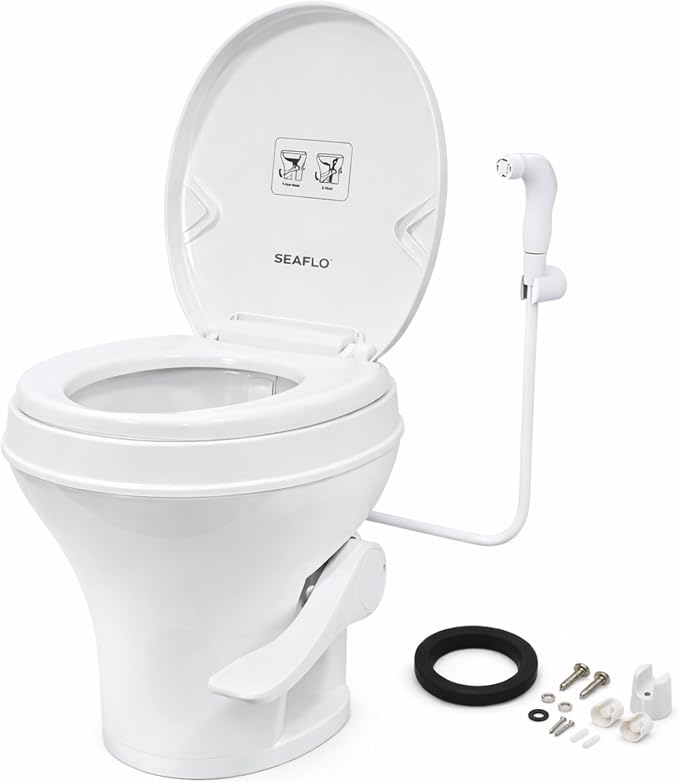 SEAFLO RV Toilet with Sprayer Attachment - White, 18.4” Residential Height, Gravity Flush Foot Pedal Camper Toilet Soft Close Seat Elongated Bowl Motorhome, 4-Year Warranty, SFRTPH-01-02