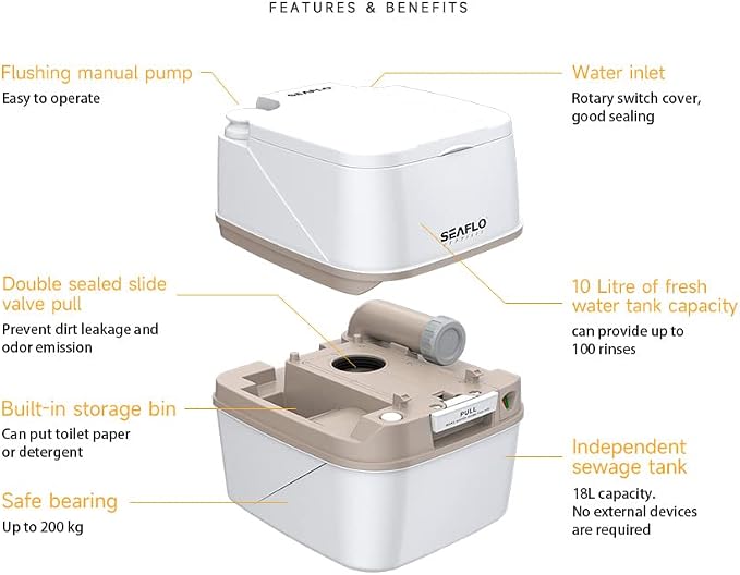 SEAFLO Premium Camping Portable Toilet - 5.8 Gallon Waste 3.43 Gall Fresh Tank (100 Flushes), 440 lbs Max Weight, Level Indicator, Sealed Waste Tank for RV, Boat, Elderly, Off-Grid, 4-Year Warranty