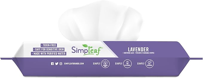 Simpleaf Flushable Wet Wipes Lavender | Plastic Free, Paraben & Alcohol Free | Hypoallergenic & Safe for Sensitive Skin | Soothing Aloe Formula | Adult Toilet Wipes (6 x 50 Counts Pack) 300 Counts