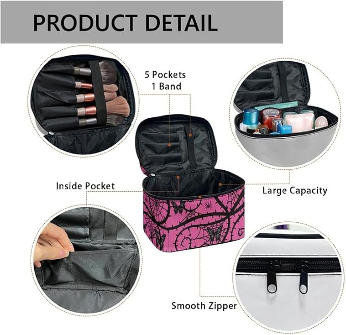 Spider Web Butterfly Make Up Bag Travel Cosmetic for Women, Gothic Black Thorn Large Makeup Accessories Organizer Essentials Toiletry Bags, Pink