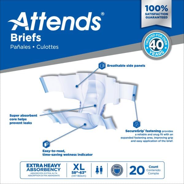 Attends Adult Incontinence Disposable Briefs, X-Large, 58"-63" Waist with SecureGrip Tab Closure, Extra Heavy Absorbency with Super Absorbent Core and Breathable Side Panels, 60ct Case