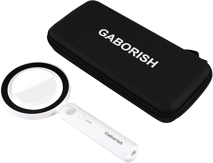 Magnifier with 36 LED Light and Case, 10X 30X Handheld Real Glass Magnifier with 5 Light Modes Dimmable Rechargeable Lighted Magnifying Glass for Seniors Reading, Inspection (Black & White)