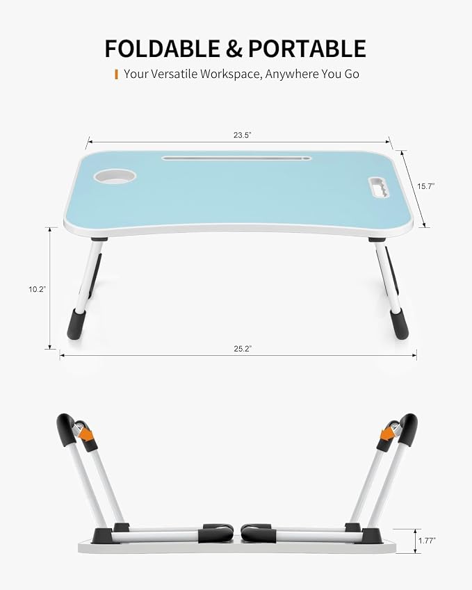 FISYOD Foldable Laptop Table, Portable Lap Desk Bed Table Tray, Laptop Stand with Cup Holder & Tablet Slot & Lifting Handle for Working Writing Drawing & Eating (Light Blue)