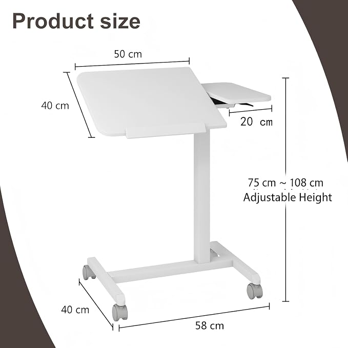 PUNCIA 28" Overbed Table with Split Tilting Desktop,Pneumatic C Table,White | Mobile Laptop Desk for Bedside, Height Adjustable End Table with Wheels, Computer Cart for Home Sofa Office & Hospital Use