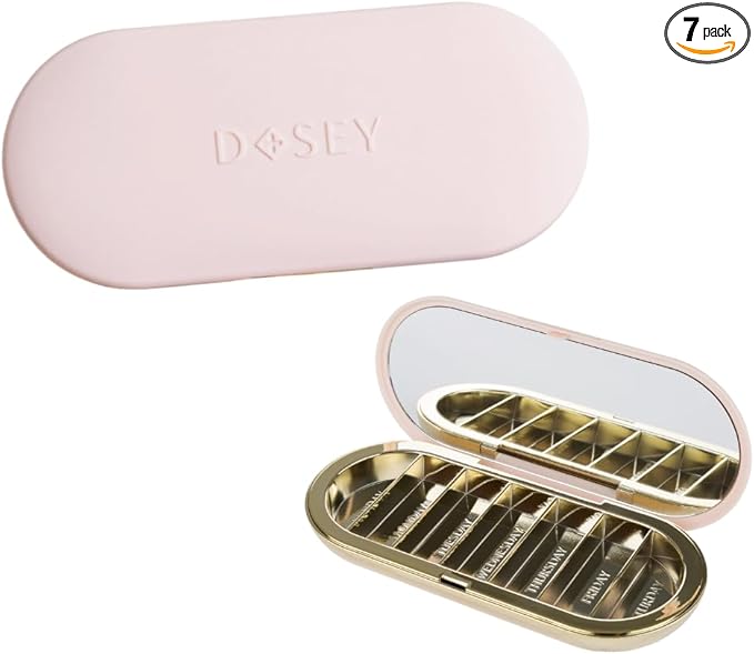 Dosey Compact Travel Pill Organizer - Pill Case with 7 Compartments for Medicine Storage & Protection – Stylish & Elegant Medication Organizer with Mirror, Blush