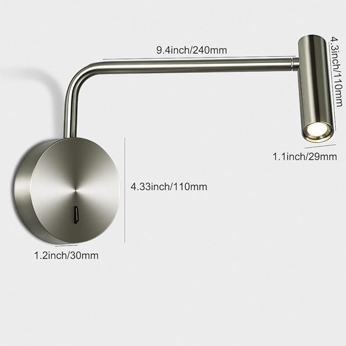 ZEROUNO Wall Mounted Reading Light Swing Arm Bedside Lamps for Bedroom Hardwired Sconces with Switch LED Mounted for Home Decor Wall Lighting Fixtures Indoor (Silver)