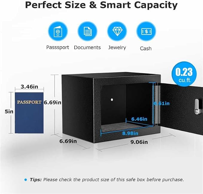 Bonsaii Safe Box with Key Lock, Steel Security Lock Box, 0.23 Cubic Feet, 9.06" W x 6.69" D x 6.69" H, Small Hidden Safe for Cash Jewelry | SPCC steel, 9.06x6.69x6.69 in, pry-resistant door & hidden hinges, pre-drilled for shelf/drawer/closet, includes...