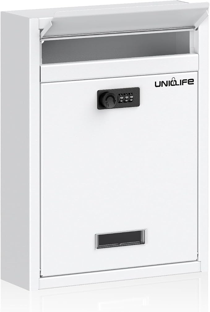 Uniclife Wall Mount Mailbox for Outside, Large Locking Mailbox, White | Security Mail Box with Combination Lock, Safe Key Drop Box, Post Box, Steel Cash Drop Box for Home Office School