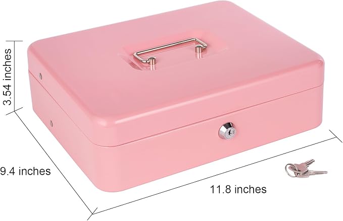 Cash Box with Money Tray and Lock - Metal Money Box for Cash Register, Large Lock Box for Money Safe 11.8" x 9.4" x 3.54" Pink