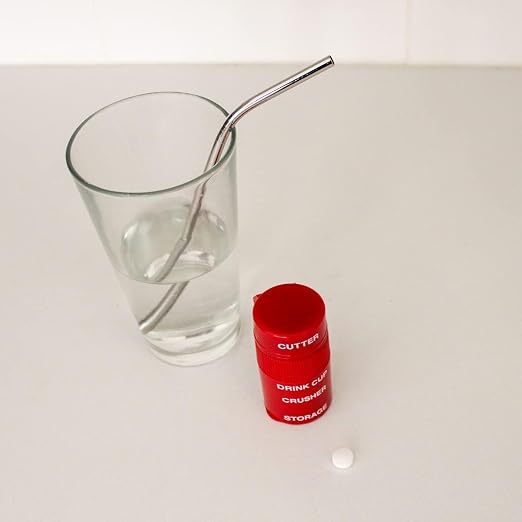 EZY DOSE 3 Compartment Pill Crusher, Cutter and Grinder, Daily Usage, Safely Cut Pills, Vitamins, Tablets, Accurate and Easy Cutting, Stainless Steel Blade, Removable Drinking Cup, Red, BPA Free
