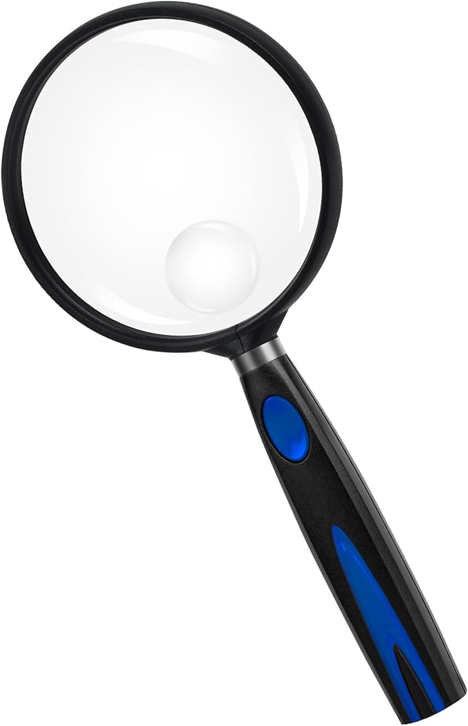 Feosky Handheld Reading Magnifier, 10X Magnifier, 75mm Shatterproof Lens, Non-Slip Handle for Adults Close Work, Hobbies and Halloween & Cosplay(Blue/Black)
