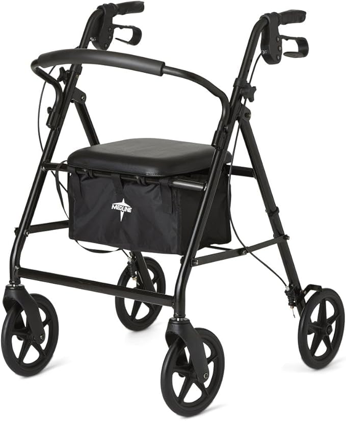 Medline Steel Rollator Walker for Adult Mobility Impairment, Black, 300 lb. Weight Capacity, 8” Wheels, Foldable, Adjustable Handles, Rolling Walker for Seniors
