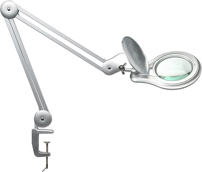 LED Magnifying Lamp with Clamp, 5 Inch Magnifier Glass Lens, Metal Swing Arm Dimming 1200 Lumens Lighted Magnifying Desk Lamp for Crafts, Bright 60PCS LEDs - 2.25X Magnification(Silver)
