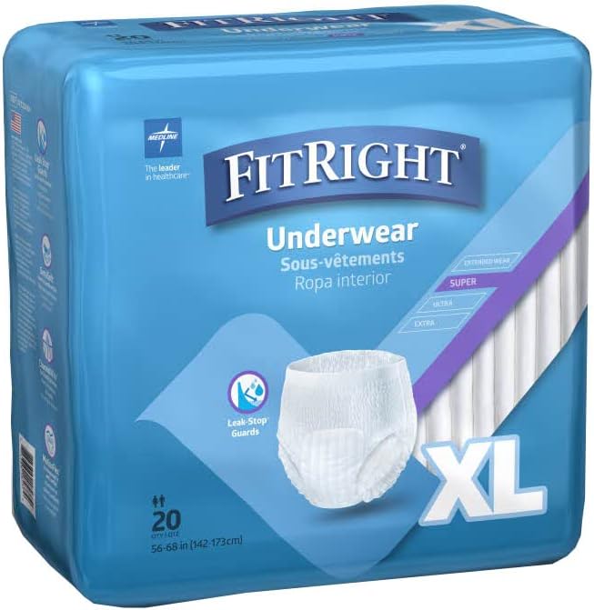 FitRight Super Adult Incontinence Underwear, Maximum Absorbency, X-Large, 56-68, 4 Packs of 20 (80 Total)