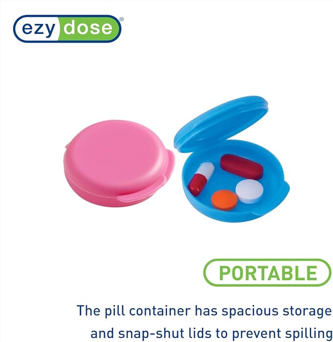 EZY DOSE Daily Round, Compact, Small, Discdrete, Portable On-The-Go Pocket Pharmacy, Pill Box, Organizer and Vitamin Containers, Snap Shut Lids, Travel Friendly, Blue & Pink, 2 Pack, BPA Free