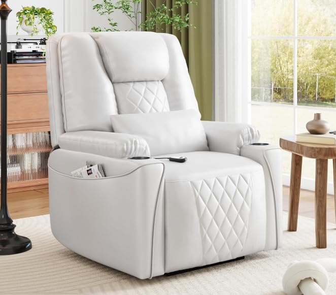 Garvee Power Lift Recliner Chair Sofa, PU Leather Reclining with Charging Ports, Cup Holders, Electric Stand Assist for Elderly, Home Theater Seating with Remote for Living Room, White