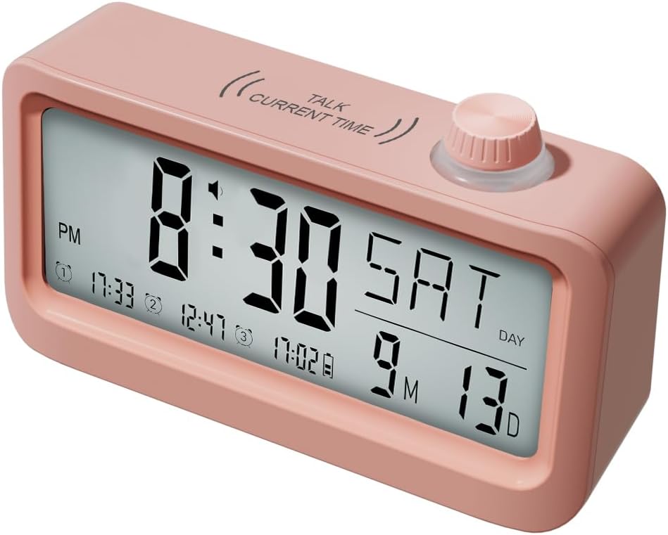 Medication Pill Reminder, RechargeableTalking Alarm Clock with 3 Custom Voice RecordingAlarms, Touch-to-Talk, a Digital Alarm (Clocks Gift forMom/Dad/Seniors/Elderly(Pink)