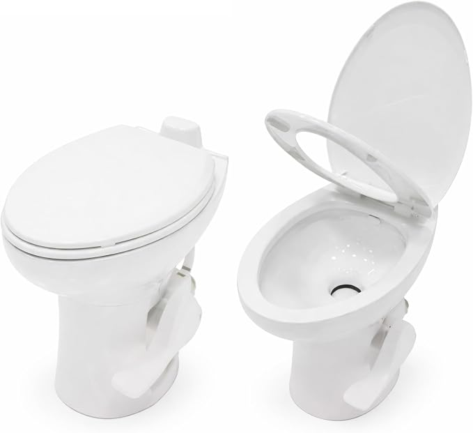 SEAFLO Porcelain RV Toilet with Elongated Bowl, 19” Residential Height, Gravity Flush, Foot Pedal Flush, Soft Close Seat, Easy Install, Camper Toilet, 4-Year Warranty, SFRTCH-02-01