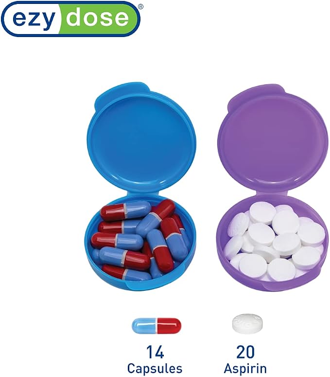 EZY DOSE Daily Round, Compact, Small, Disrcrete, Portable On-The-Go Pocket Pharmacy, Pill Box, Organizer and Vitamin Containers, Snap Shut Lids, Travel Friendly, Colors May Vary, 2 Pack, BPA Free