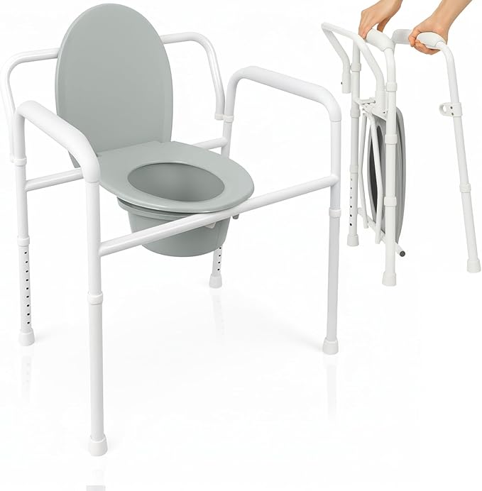 Vive Bedside Commode Toilet Chair (Folding) - 350 lb Capacity, Safety Rail, Shower Chair - 3 in 1 Heavy Duty Bariatric Bucket with Padded Arms, Tight Lid – Portable Seat for Home - Steel