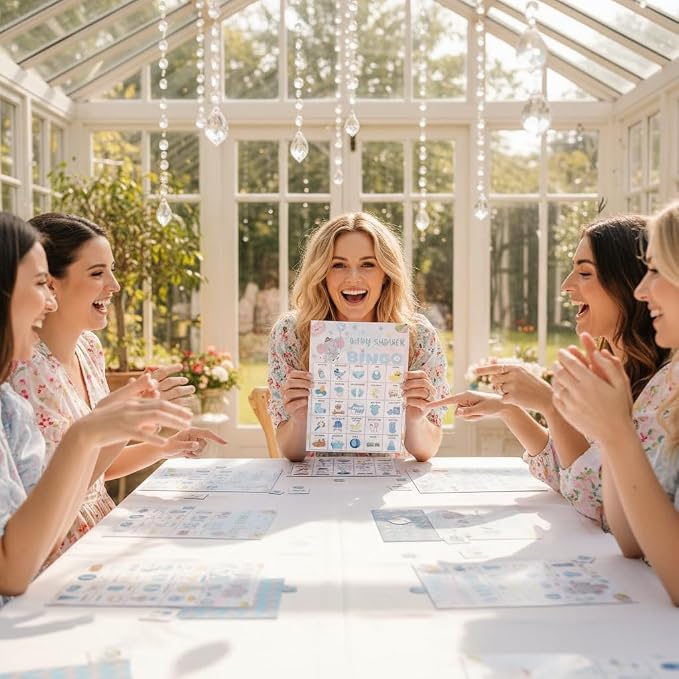 Baby Shower Bingo Game Cards Set for Guests Adults, Blue Elephant Baby Shower Party Bingo Game Gender Reveal Bingo Game for Family Friends Large Group Activity, Favors Supplies Decorations