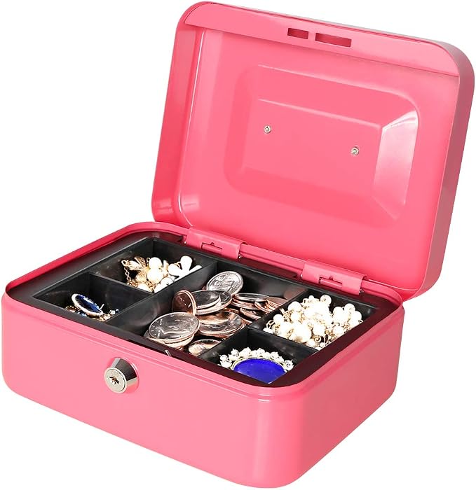 Jssmst Small Cash Box with Key Lock - Durable Metal Cash Box with Money Tray Pink, CB0104M