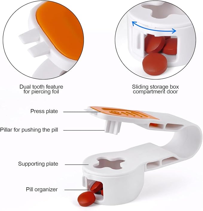 Portable Pill Popper, Easy Press Pill Remover with Collection Box, Travel Tablet Taker for Seniors Arthritis Weak Hands, No-Contact Medication Extractor Tool