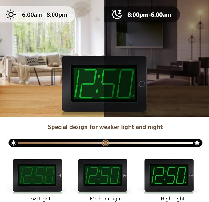Alarm Clock, Wall Clock, Digital Clock, 3" LED Digit Display, Adjustable Brightness, Auto Night Mode, Auto Alarm Volume Increasing, Wall-Mount & Table-top