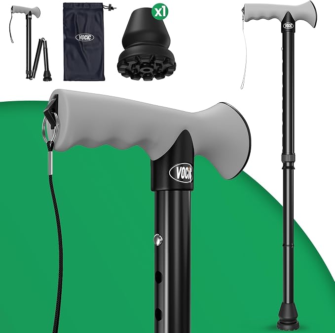 VOCIC Walking Cane for Men & Women, 10 Level Adjustable, 350lb Heavy Duty, Foldable & Collapsible Cane with Shock-Absorbing Tip & Travel Bag, Walking Sticks for Seniors & Adults