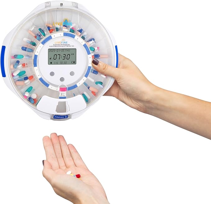 LiveFine Automatic Pill Dispenser with 28-Day Electronic Medication Organizer, 6 Dosage Rings, LCD Display with Sound & Light Alerts, Key & Magnifying Glass for Prescriptions, Vitamins & Supplements