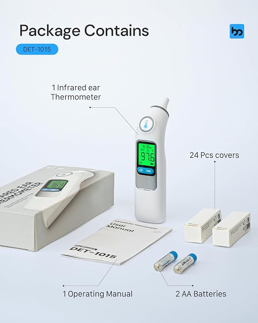 Femometer Family Ear Thermometer for Adults and Kids, White | 1s Fast Accurate Reading, 30-Memory Recall, 3-Color Fever Alert, ℃/℉ Switchable, Silent Mode, with 24 Disposable Probe Covers