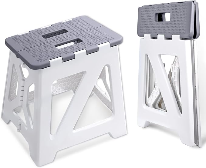 Foldable Step Stool (1 Pack), 12.9” Tall up to 300 lb Sturdy Plastic Folding Step Stool for Adults Kitchen Bathroom, Portable Small Stool Travel Foot Stool, Folding Stool for Home & Outdoor Use Gray