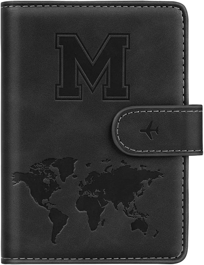 Passport Holder for Travel Essentials Personalized Initial Wallets | Embossed Letter A-Z Design, RFID Blocking, Passport Cover, Passport Book Holders, Men Women, Personalized Gifts, Black-M