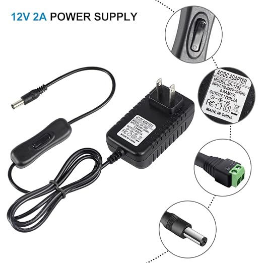 12V Power Supply, 12 Volt 2A 24W DC Power Supply with On Off Switch, Black Switching LED Power Adapter, AC 110V to 12V Wall Wart Transformer Plug for LED Strip Lights with 5.5/2.1 DC Female Connector