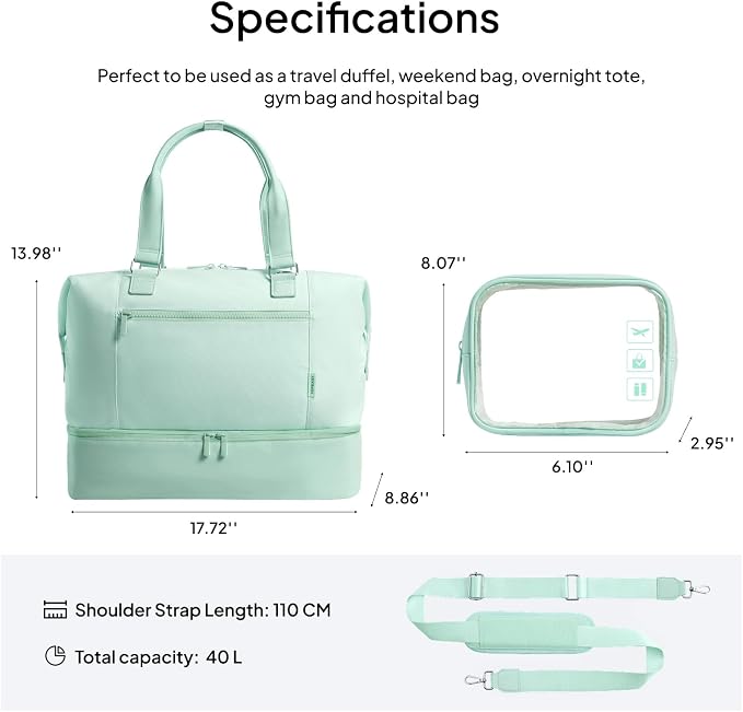 Travel Duffle Bag for Women, 40L Weekender Bags Airline Approved Carry On with Shoe Compartment & Waterproof Wet Pocket, Durable Nylon Weekender Overnight Bag for Travel, Gym, Business Trip, Green