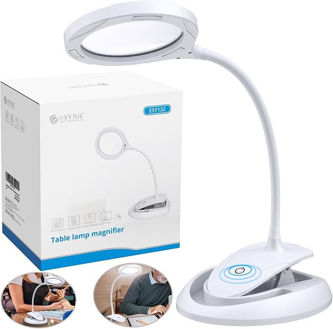 eSynic Desktop Magnifying Glass with 15 LED Lights-800mAh Rechargeable | 5X & 10X Acrylic Lens-3-Level Dimmable-Flexible Gooseneck-Clamp & Base Stand – for Reading/Soldering/Crafts/Elderly