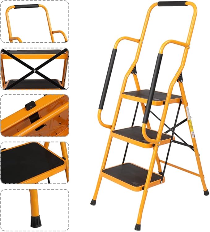 Winado 3 Step Ladder with Handrails, 330lbs Folding Step Stool, w/Non-Slip Side Armrests Large Pedal Area, Suitable for Home Office