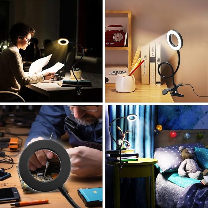 5X Magnifying Glass with Light, 3 Color Modes LED Lighted Desk Lamp, USB Powered Magnifier Lamp with Metal Clamp, Flexible Gooseneck Magnifier for Bed Work Crafts DIY Repair(Black)